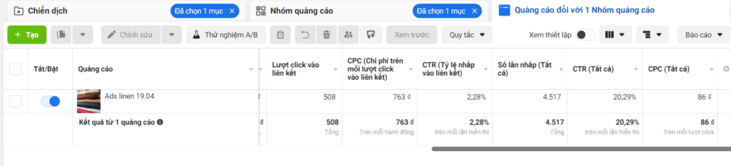 Kết quả khi quảng cáo duyệt