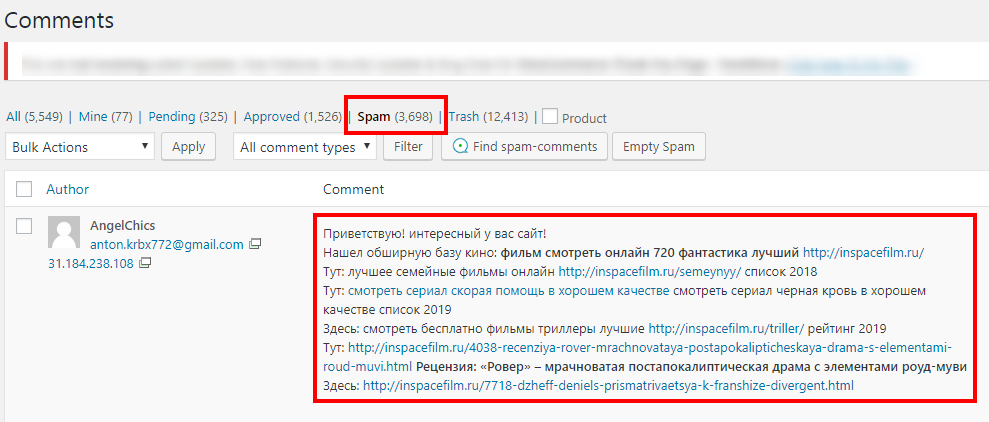Bình luận spam trên wordpress chứa nhiều liên kết